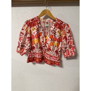 Farm Rio Womens Romantic Orchard Cropped Blouse V neck short puff Sleeve